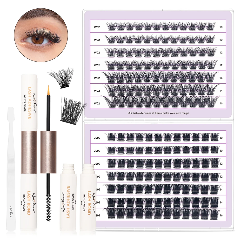 NATUHANA Wimpern-Cluster-Set, Verlängerungsset, DIY-Wimpern mit Wimpernbindungssiegel und Wimpernapplikator, künstliche Wimpern für Make-up-Werkzeuge Image