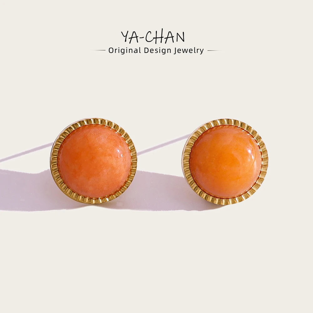 YACHAN Minimalistische geometrische runde kleine Ohrstecker für Damen, luxuriöser Vintage-Orange-Naturstein-Edelstahl-Schmuck Image