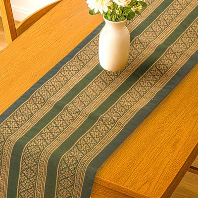 Golden Jungle,'Traditional Green and Yellow Cotton and Silk Table Runner'