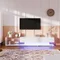 Meuble TV, bas LED avec rangement et cloison en verre, meuble de salon moderne, couleur blanc, 170 x