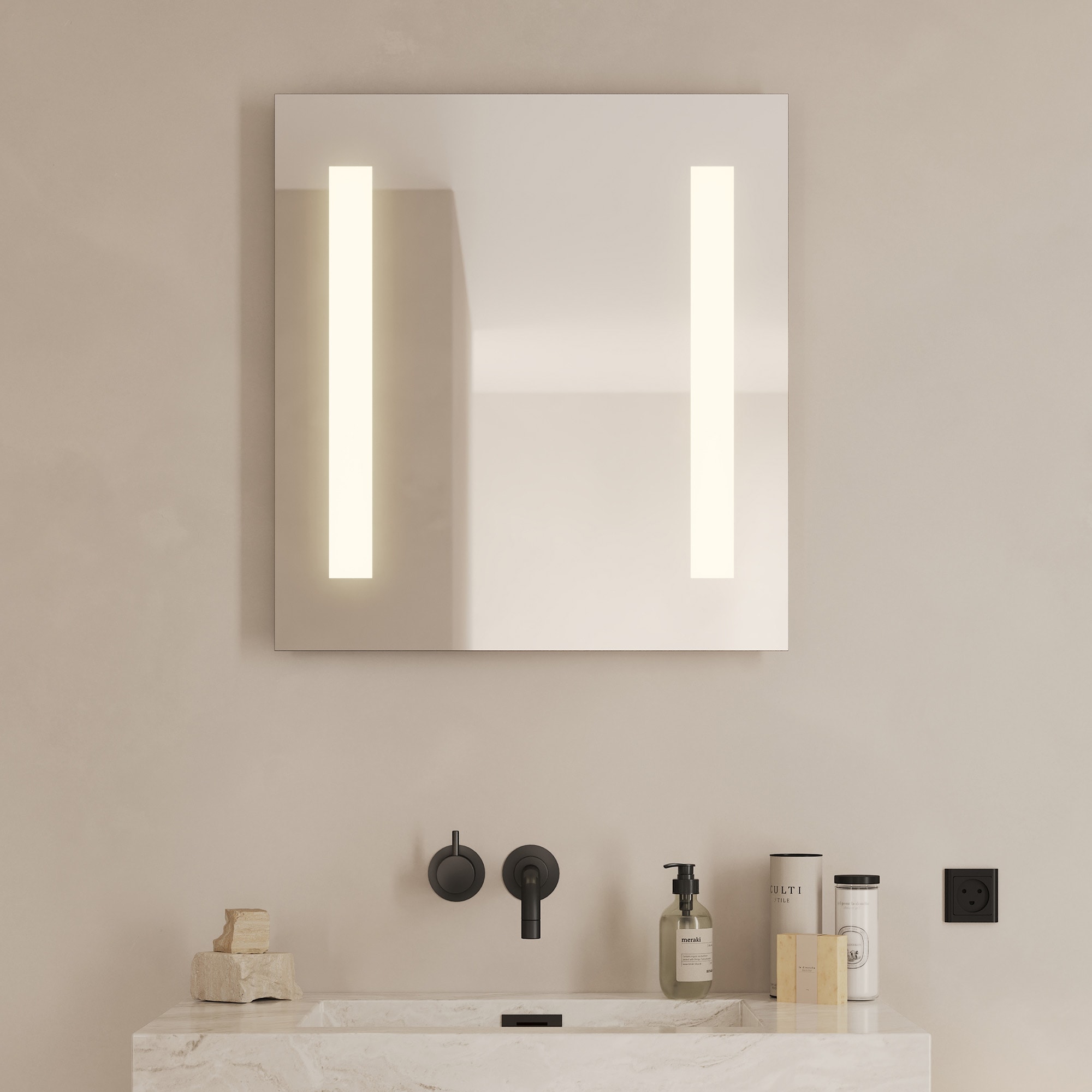 Badspiegel LOEVSCHALL "Römö Quadratisch, Spiegel mit LED Beleuchtung, Lichtspiegel", silber (silberfarben), Spiegel, B/H/T: 60cm x 65cm x 3,5cm, Spiegelglas, Verstellbarer Badezimmerspiegel mit Beleuchtung, Dänisches Design, B:60cm H:65cm T:3,5cm