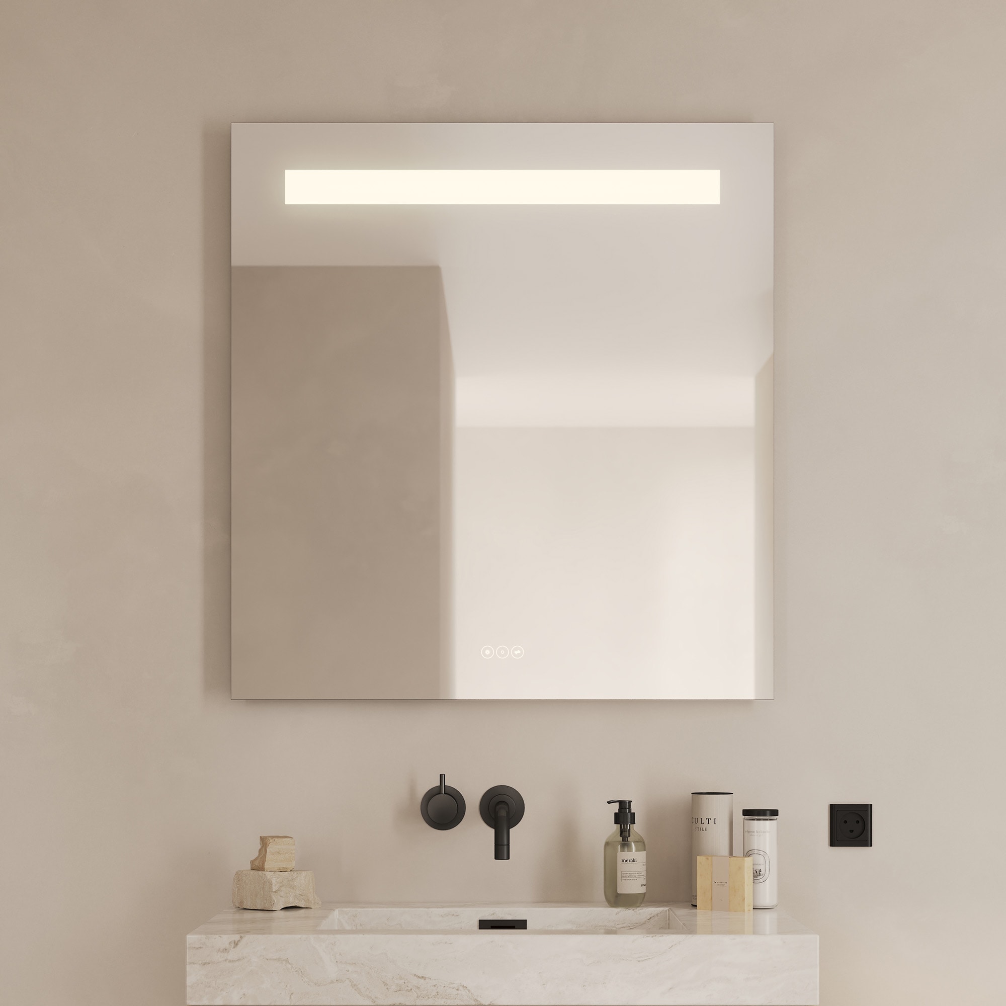 Badspiegel LOEVSCHALL "Lökken Quadratisch, Badzimmerspiegel mit LED Beleuchtung, Lichtspiegel", weiß, Spiegel, B/H/T: 80cm x 85cm x 3,5cm, Spiegelglas, Touchpanel für Lichtsteuerung, Verstellbarer Spiegel, Dänisches Design, B:80cm H:85cm T:3,5cm Image