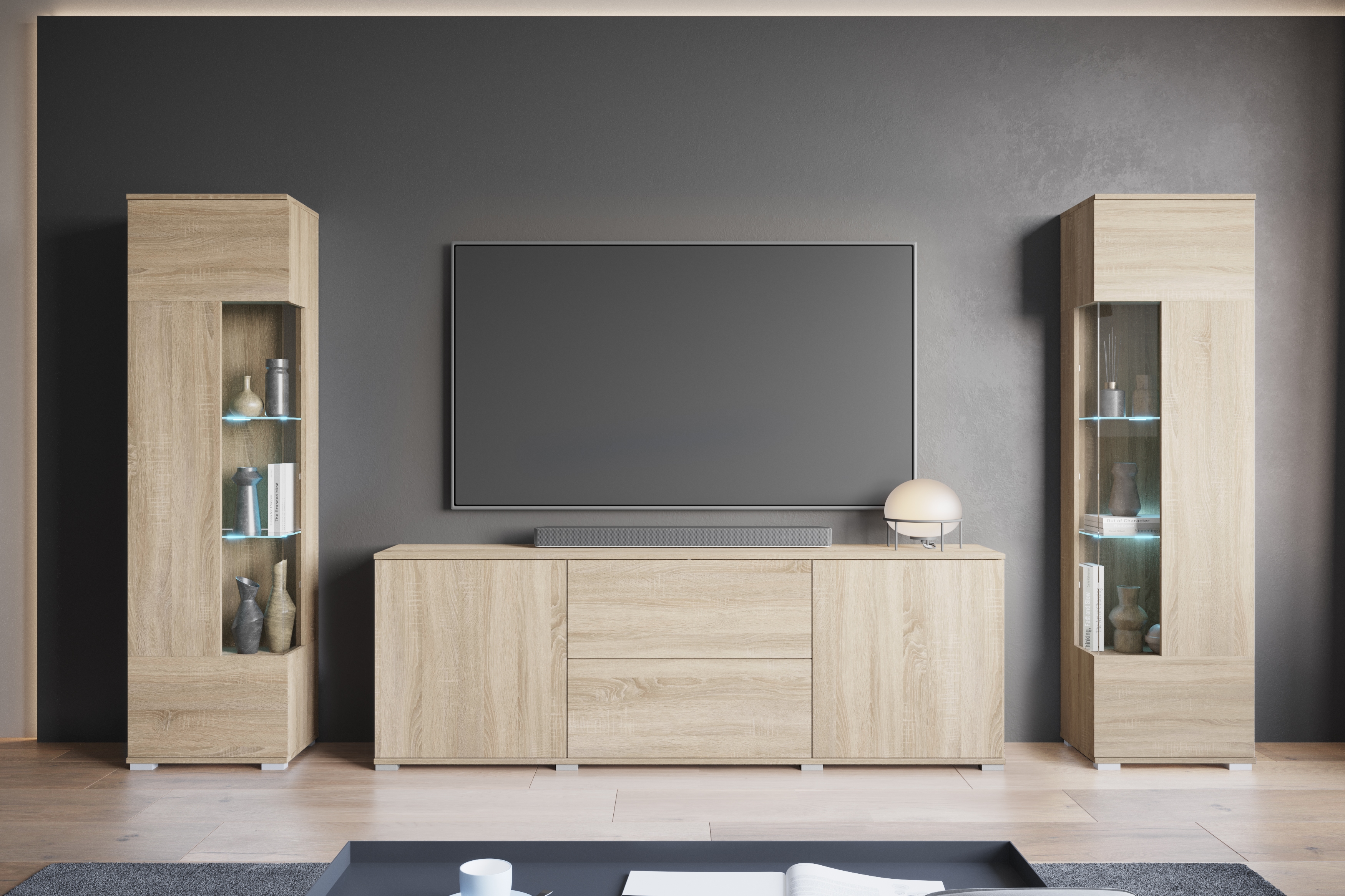 Wohnwand INOSIGN "KENIA", braun (eiche sonoma), B:270cm H:161cm T:34cm, Holzwerkstoff, Kastenmöbel-Sets, Wohnwand, Vitrinen mit Eckverglasung, hängend und stehend montierbar, Topseller