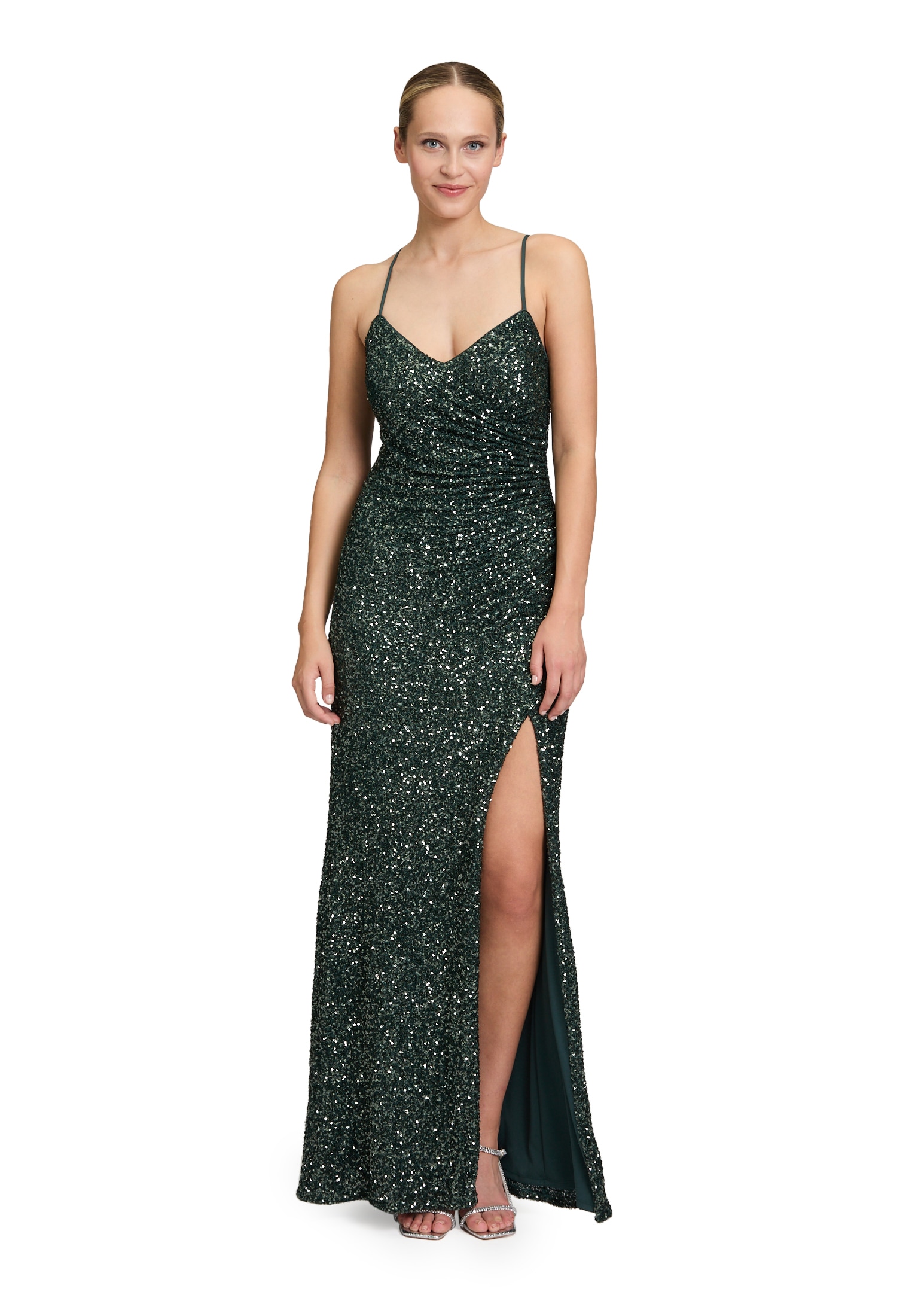 Abendkleid VERA MONT "Damen figurbetont", Damen, Gr. 32, Normalgrößen, grün (dusty slate), Obermaterial: 95% Polyester, 5% Elasthan; Futter: 100% Polyester, figurbetont lang, V-Ausschnitt, Kleider Abendkleid