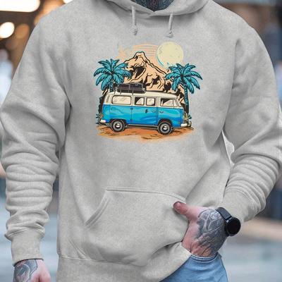 TEMU Men's Cozy Fleece Hoodie With Van & Palm – Long Sleeve Sweatshirt For Fall And Winter, Casual Printed Pullover For Men, Cozy Pullover Hoodie | Vintage Graphic Hoodie | Polyester Fleece Hoodie Image