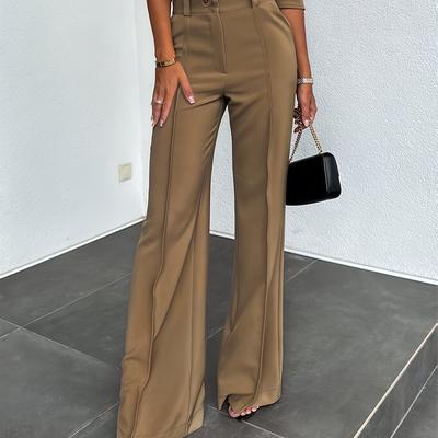 TEMU Solid Color High-waisted Wide-leg Pants With Slanted Pockets, Commuting. Image