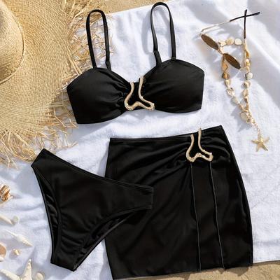 TEMU Stylish Metal Accessory Detachable Double Strap Women's Split Skirt Beach Holiday Ruched Bikini Three-piece Swimsuit Image