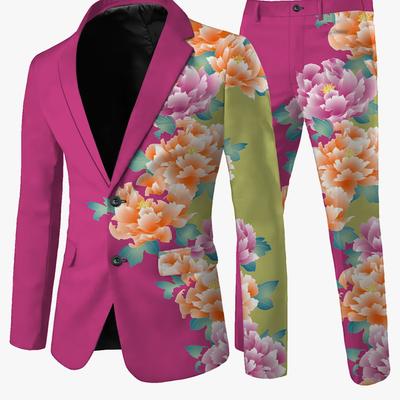 TEMU Men's Casual Floral Print Suit - Stylish Pink And Design, Long Sleeve, Polyester Fabric, Lapel Collar, Pocket Detail, Wear, Casual Attire|floral Print Jacket|polyester Fabric Image