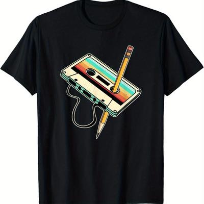TEMU 1pc Men's Retro Cassette Tape & Pencil Print T-shirt - Black Vintage Graphic Tee, Cotton, Regular Fit Short Sleeve Round Neck, Machine Washable Casual Summer Top, Gift For Men Image