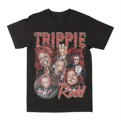 TEMU Men's Redd Graphic Cotton T-shirt- Black Short Sleeve Round Neck, 180g, Casual Hip Hop Style, , Comfortable For Casual Attire, Retro T Shirt Image