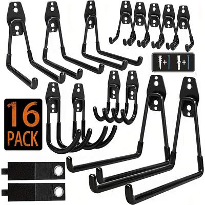 TEMU 16pcs Garage Heavy Duty Hook Set, Garage Hook, 16pcs Steel Heavy Duty Garage Storage Hook With Anti Slip Coating, Universal Garage Wall Hook, Gardening Tools Image