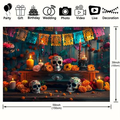 TEMU Vibrant Mexican Fiesta Backdrop - Marigolds, Candles & Sugar Photo Booth Decor For Showers, Parties & Celebrations, 39x59/70.8x90.5 Inch, Polyester, Indoor Outdoor Use, Mexican Party Decorations Image