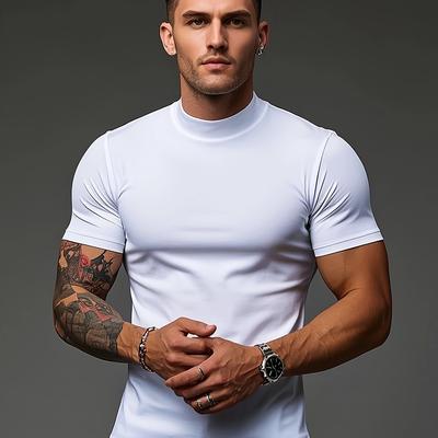 TEMU Men's Summer Classic Half-high Neck Casual T-shirt - Breathable Regular Fit Solid Color Short Sleeve Top For Casual Attire & Light Exercise, Hand Wash Only, Summer T Shirts Image