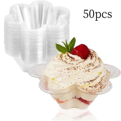 TEMU 50pcs 8oz Clear Plastic Dessert Cups, Flower Ice Cream Bowls, Party Serving Dishes, Suitable For Ice Cream, Nuts And Salad Image