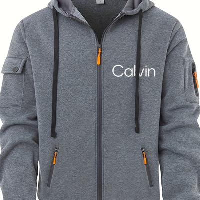 TEMU Men' Hooded Zip-up Jacket With Multiple Pockets - & White Logo, Sporty For Spring/fall, Loose Fit, Long Sleeve, Jacket|trendy Men's Jacket|zippered Jacke Image