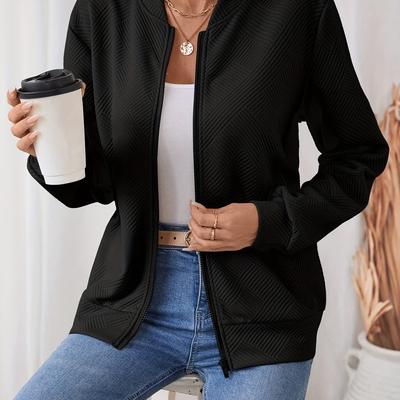 TEMU Women's Elegant Black Zip-up Jacket - Soft Ribbed Texture, Drop Shoulder Design, Machine Washable, Fall/winter Layering, Cozy Jacket, Casual Outerwear, Sleek Fabric Construction Image