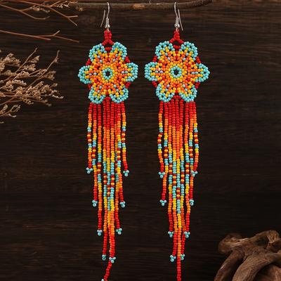TEMU Bohemian Style Handmade Beaded Flower Drop Dangle Earrings, Tassel , No , Copper Ear Needle, Fashion Earrings For Women, & Gift- (1 Pair) Image