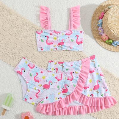TEMU Elegant Polyester And Spandex Floral Flamingo Swimsuit Set For Girls - 3-piece Knit Fabric With Ruffle Trim, Tight Fit, Shoulder Strap Top, And High Elasticity Bottoms Image