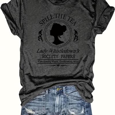 "TEMU Spill Vintage Graphic T-shirt - Retro "lady Whistledown's Papers" Design, Short Sleeve Top, Plus Size Casual Vacation Wear, Machine Washable" Image