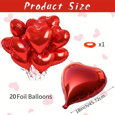 TEMU 20pcs Vibrant Red Heart Balloons - 18-inch Aluminum Film, Valentine's Day, Birthdays & Photo Studio Props - Festive Party Decorations With Elegant Table Setting Image