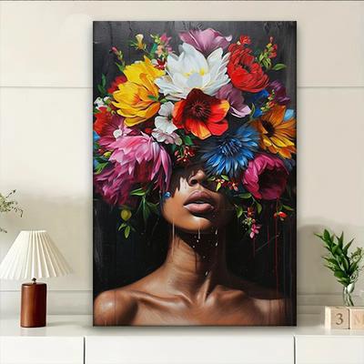 TEMU 1pc Handpainted Floral Portrait Canvas Print - Vibrant In Blue, Colorful Abstract Wall Art For Home, Living Room, Bedroom, Office Decor, 16x24 Inches, Pine Wood Frame, Canvas Wall Art Image