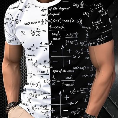TEMU 3d Fashionable Short Sleeve T-shirt For Men - White With Black And Golden Mathematical Formulas Print, Crew Neck, Regular Fit, Image