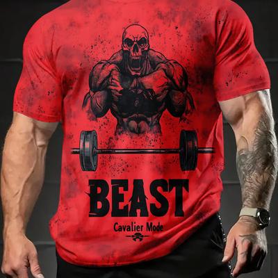 "TEMU Men's Summer Short Sleeve T-shirt - 3d Printed Muscle Skull & "" Graphic, Vibrant Red Regular Fit Casual Tee For Gym, Outdoor & , Gym Shirts" Image