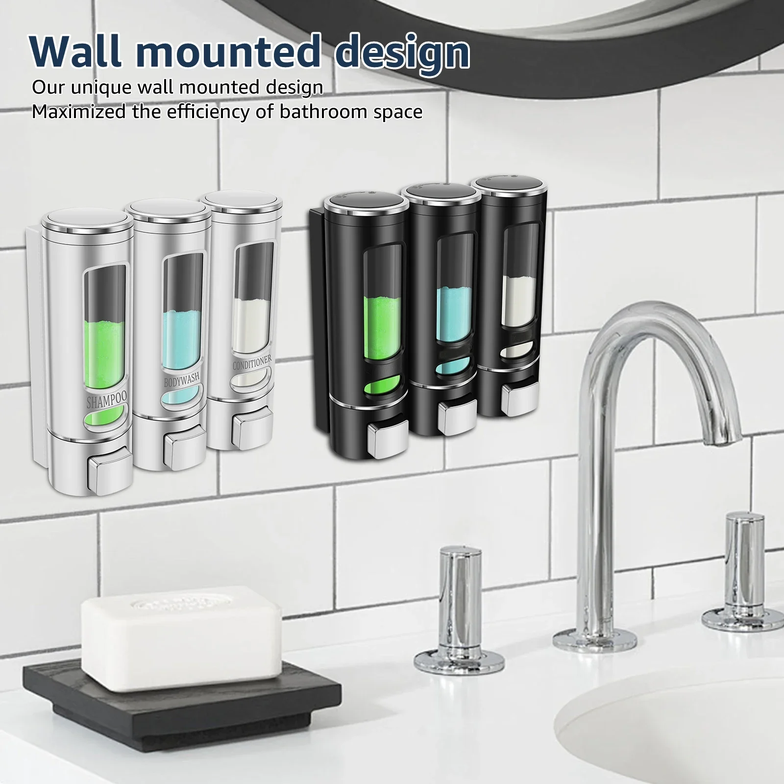 3-Kammer-Shampoo-Spender, nachfüllbarer Flüssigseifenspender, Wandmontage, Flasche, Badezimmerbehälter für Dusche, Zuhause, Hotel, SPA Image