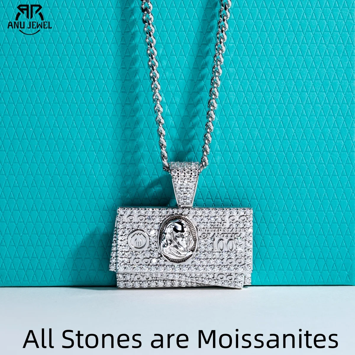 AnuJewel Moissanit Geldbörse Anhänger Hip Hop Dollar Halskette 925 Sterling Silber Kette 60 cm Statement Schmuck Geschenk für Männer & Frauen