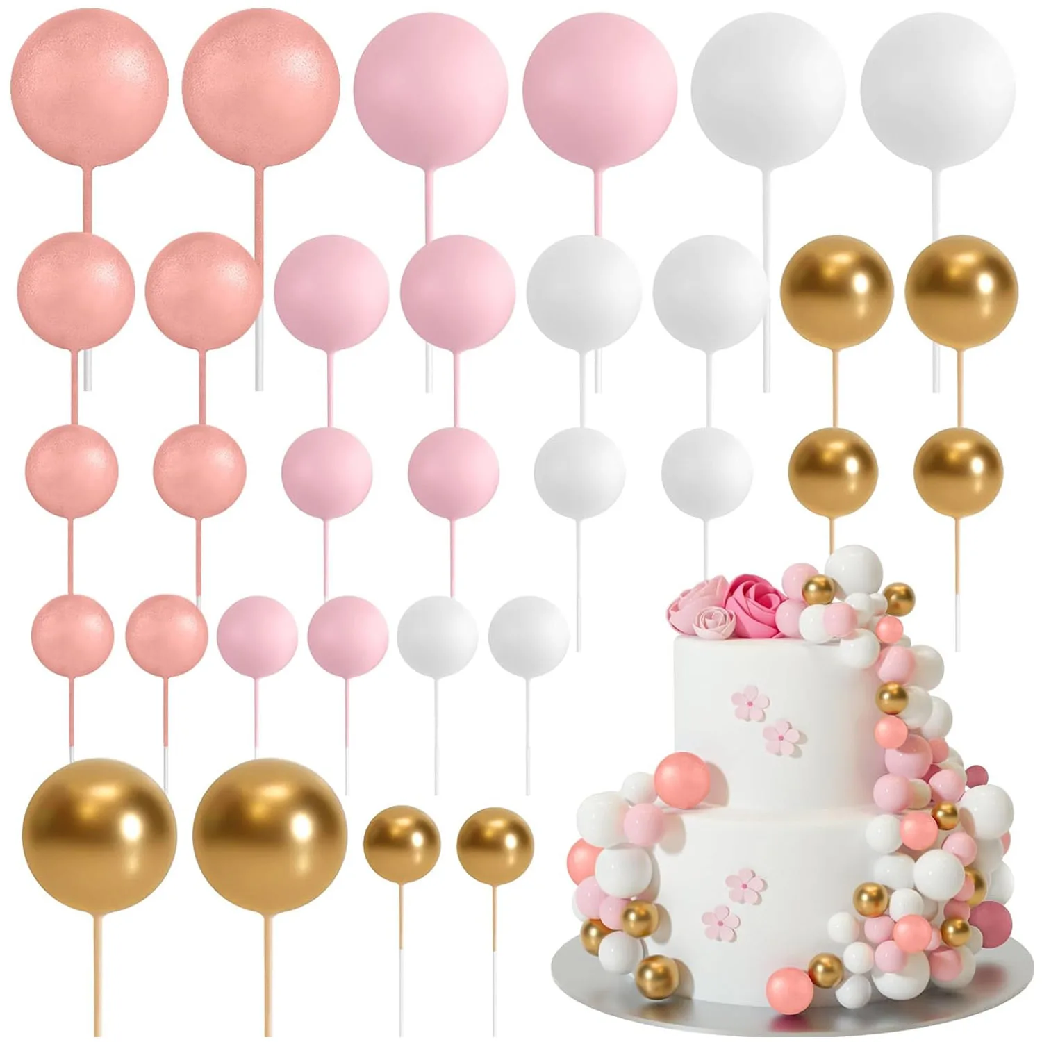 32PCS Rose Gold Rosa Weiß Schaum Kugeln für Kuchen Dekorieren DIY Hochzeit Baby Dusche Cupcake Topper Für decoración de pasteles Image