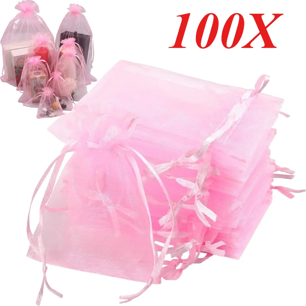 100 Stück Organzabeutel, zufällige Netz-Organza-Schmuckbeutel mit Kordelzug, kleine Kordelzug-Geschenkbeutel, Weihnachten, Süßigkeiten, Hochzeit, Geburtstag Image