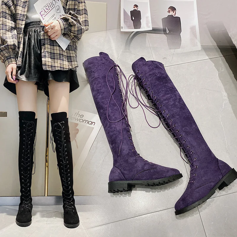 Neue sexy Schnürstiefel für Damen, Overknee-Stiefel, Wildleder, Oberschenkelhohe Stiefel, Rom, niedrige Absätze, Gothic-Schuhe, modische Damenschuhe, Übergröße 43