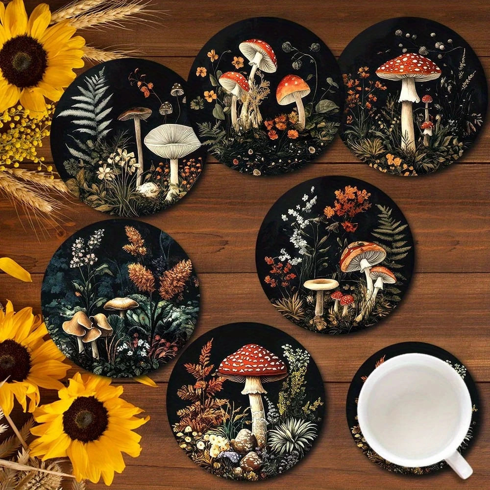 6er-Set mit 2D-Pilz-Themenmuster, Kunstuntersetzer, rund, aus Holz, hitzebeständig, rutschfest, Heimdekoration, Geschenk, multifunktionale Dekoration Image