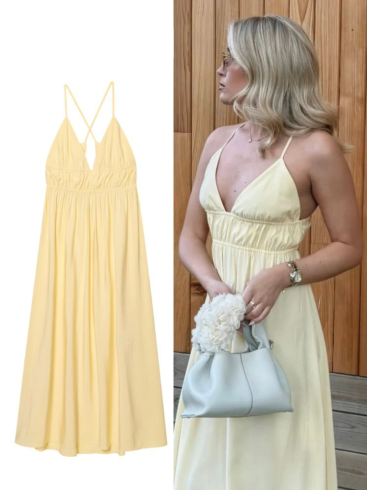 HH2025, Sommer-Damen, sexy, gelb, rückenfrei, Sling-Kleider, weiblich, ärmellos, V-Ausschnitt, Party, Strand, Urlaub, hohles Midikleid Image