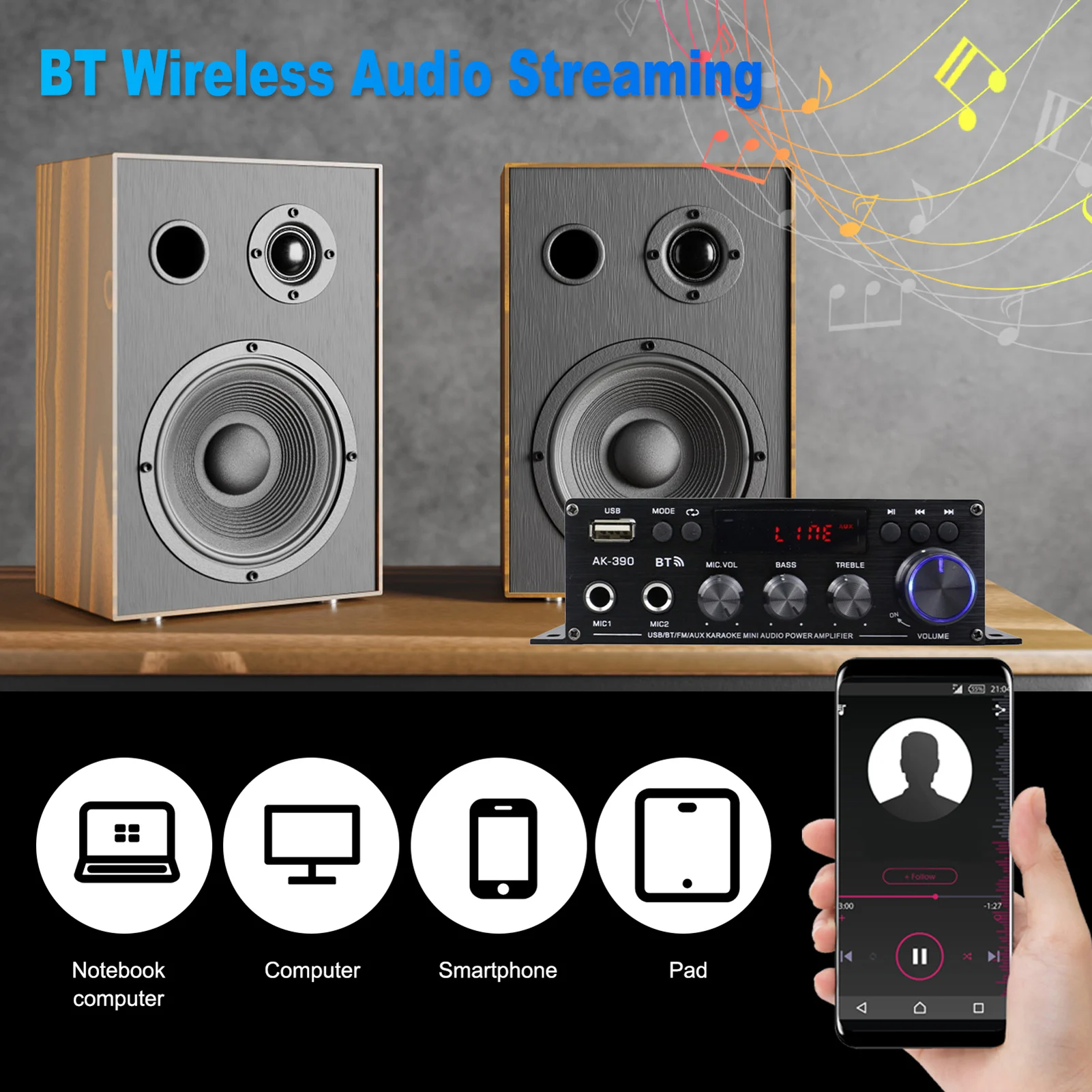 Mini-Audio-Leistungsverstärker für den Heimgebrauch im Auto, BT, digitaler Audio-Empfänger, AMP, U-Disk, digitaler MP3-Player, FM-Radio, LCD-Display, Dual Mi Image