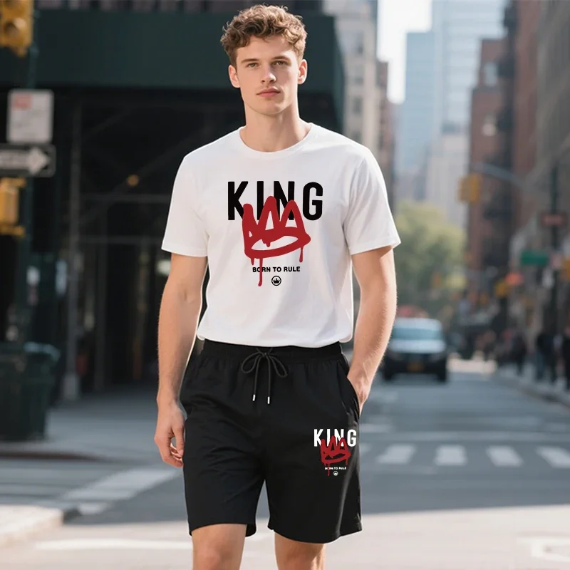 Born to Rule King Bedrucktes T-Shirt, Shorts, 2-teiliges Set, Sommer, männlich, täglich, lässig, sportlich, kurzärmelig, Outfits, City Walk, Herrenbekleidung