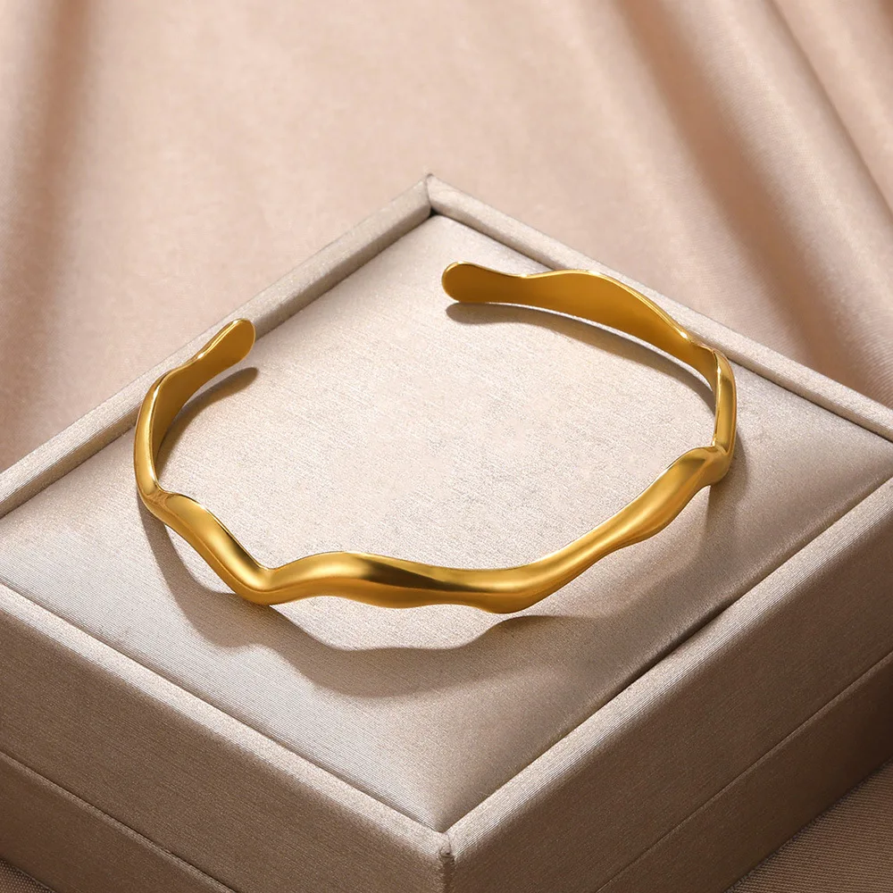 Stainless Steel Wave Open Bangle Bracelets for Women Fashion Gold Color Irregular Cuff Bangles Trendy Aesthetic Jewelry Gift