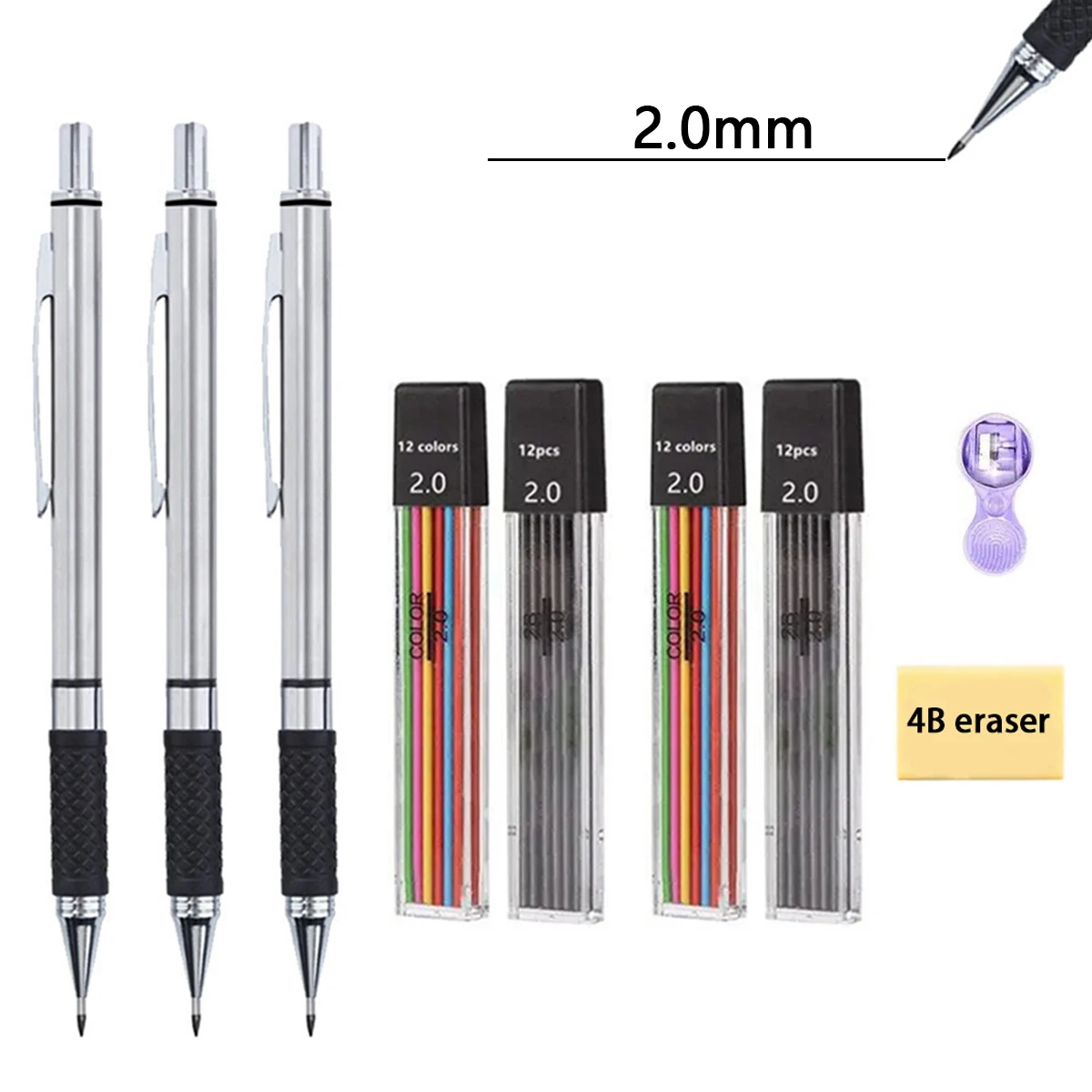 Art Druckbleistift-Set, Metallbleistift 2 mm Graphit-Minenhalter (2B) zum Schreiben, Skizzieren, Zeichnen mit Minen-Nachfülletui Image