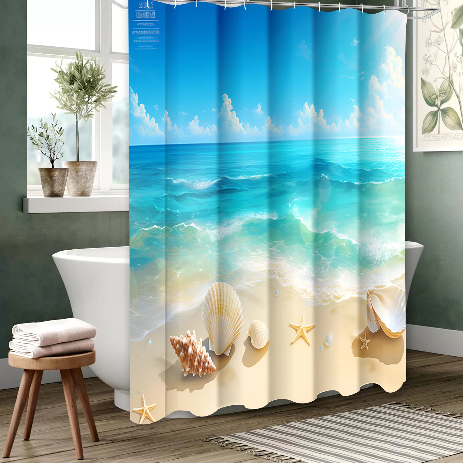 Badevorhang mit Strandmuscheln-Muster, Badezimmer-Duschvorhang, wasserdicht, mit 12 Haken, Heimdeko, versandkostenfrei Image