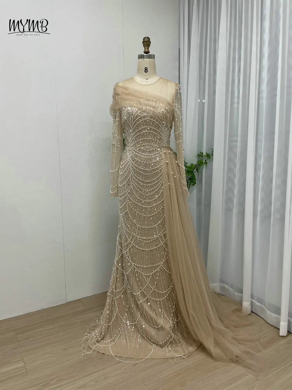 MYMB Stilvolle Perlen-Meerjungfrau-Champagner-Abend-Hochzeitskleider für Frauen, muslimische, elegante, lange Ärmel, Partykleider mit Überrock