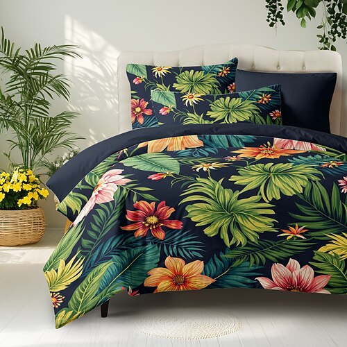Tropische Pflanzen Blumen Bettbezug 100% Baumwolle Vollgröße Bettwäsche Set Bettsets Quiltbezug weicher leichter Komforterbezug mit 2 Kissenbezügen für jede Jahreszeit Image
