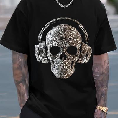 TEMU T Shirt Short-sleeve Vintage-inspired Mens Cotton T-shirt With Skull & Headphones Design - Breathable, Short Sleeve Crew Neck Tee For All Suitable For All , Comfortable, S-3xl Image