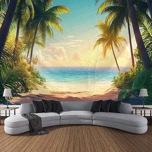 Strand Ozean Kokospalmen Meerblick Sonnenaufgang Landschaft Tapisserie dekorative Kunst Teppich Vorhang hängen Home Schlafzimmer Wohnzimmer Dekoration Image