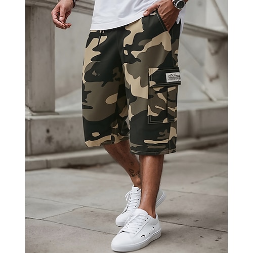 Herren Cargo-Shorts Caprihose Shorts mit Camouflage-Muster Sommershorts Kordelzug Elastischer Bund Mehrere Taschen Tarnung Komfort tragbar Wadenlang Outdoor Sport Täglich Mode Lässig Khaki Armeegrün Image