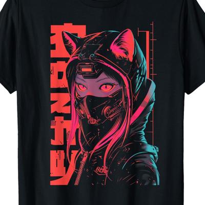 TEMU Men's Cyberpunk Anime T-shirt With Neon Furry Ear Design - Harajuku Techwear Style, Black Short Sleeve Crewneck, Casual Necklace Artwork, Machine Washable, Seasonal Fashion | Vibrant Graphic Tee Image