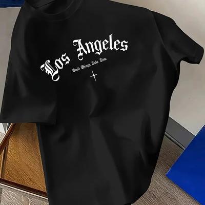 TEMU Men's Los Angeles Graphic Tee - Casual & Versatile, Stretchy Polyester Blend, Round Neck, Short Sleeve T-shirt With Geometric Pattern, Ideal For Summer Image