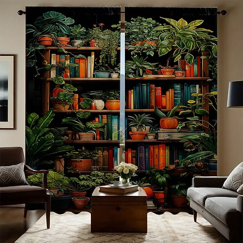 2-teiliges Set mit Vorhängen mit Pflanzenbonsai-Muster auf Regalen, geeignet für Arbeitszimmer, Küche, Wohnzimmer, Schlafsaal, Stangentaschen, Schlafzimmerzubehör, Raumdekoration und Heimdekoration, Image
