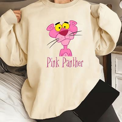 TEMU Women' Pink Panther Printed Crew Neck Sweatshirt - Soft Polyester, Machine Washable - All Image