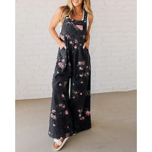 Damen Normal Overall Streetwear Blumen Ärmellos U-Ausschnitt Tasche Druck Straße Ausgehen Normale Passform Schwarz Rote Blau Sommer Image