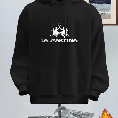TEMU Men's Casual Streetwear Hoodie With La Graphic Print, Kangaroo Pocket & 100% Polyester - Beige Autumn/winter Pullover, Machine Washable Regular Fit Image